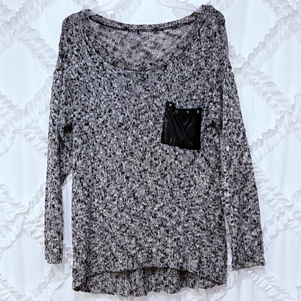 Black White Marled Scoop Neck Faux Leather Sweater
